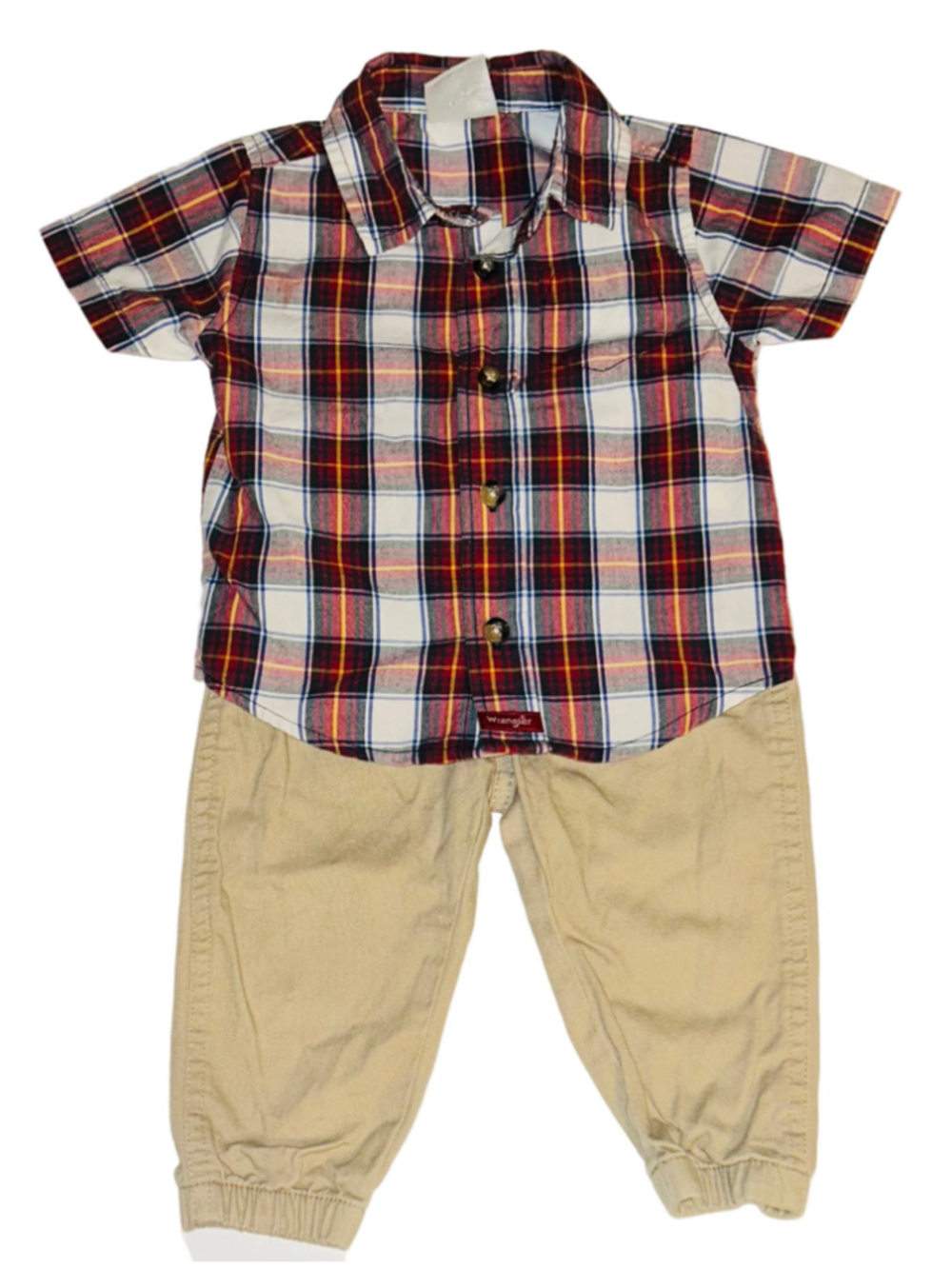 Baby Boy Wrangler Plaid Shirt and Khaki Pants Set 12 Months Red Beige